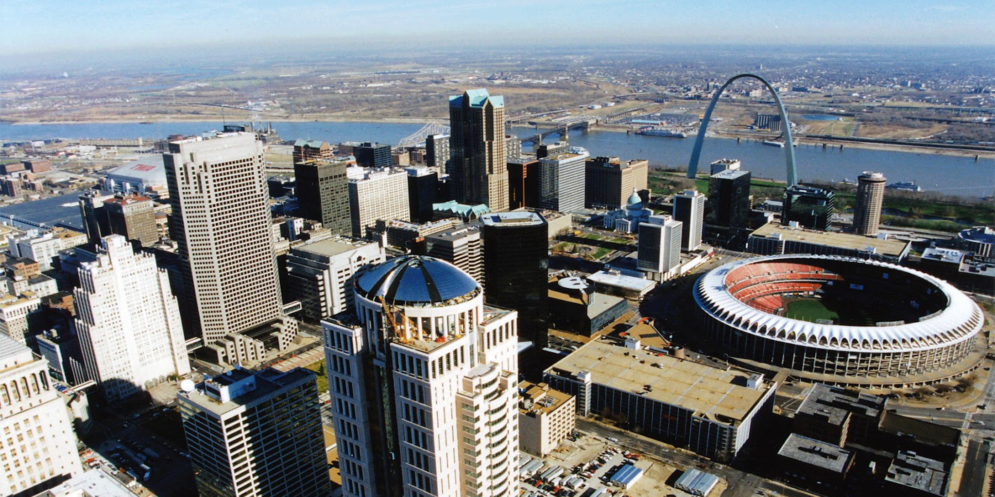 St. Louis skyline featuring buildings constructed with work by Local 36 sheet metal workers
